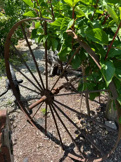 Two antique steel waggon wheels hundred dollars apiece