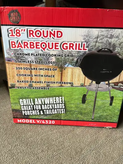 Portable barbecue grill. Chrome-plated cooking grid. Stainless steel legs. 18”. 250 square inches of...