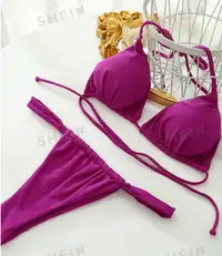 Triangle Cup Halter Solid Color Swimsuit Violet Size M