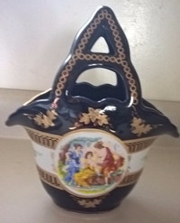 Unmarked Limoges Cobalt Blue Hand Painted Porcelain Vase/ Basket