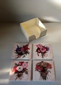 Vintage Ceramic Tile Floral Botanical Coaster Set