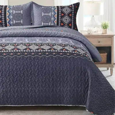 New 3 PC Boho Aztec Navy Reversible Quilt Set • Q $75, View more
