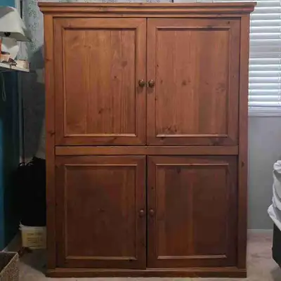 Beautiful Solid Wood Hutch Style Computer Desk. Doors open and slide back inside the edges of the de...