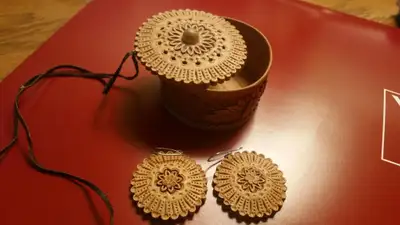 Birch bark box, pendant, earrings, View more