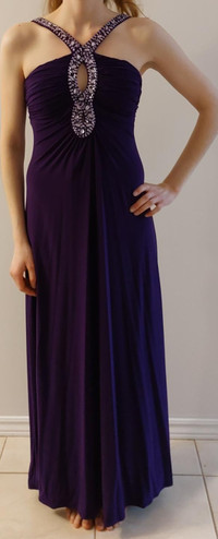 Long purple prom dress with bead bodice