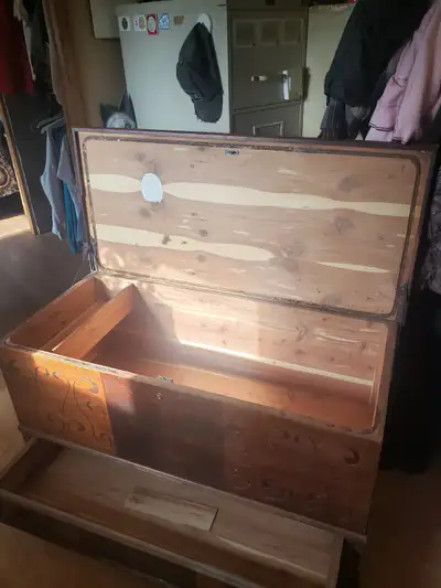 Antique Meaford secretary desk and unknown antique cedar chest, View more