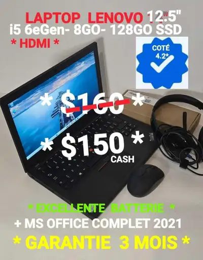 LAPTOP LENOVO 12.5"- i5 6eGen- 8GO- 128GO*SSD, View more