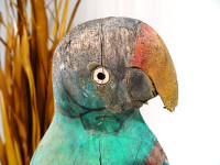 Art Deco FOLK ART parrot SCULPTURE turquoise OLD CARVED WOOD