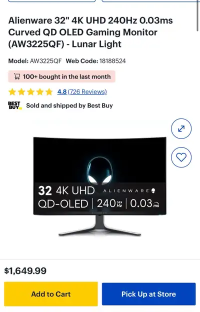 Ailenware 32” 4K 240Hz QD-OLED gaming monitor, View more