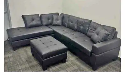 Black Faux Leather L-Sectional with Ottoman, View more