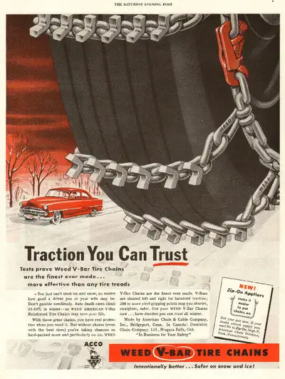 1953 large magazine ad for Weed Tire Chains, View more