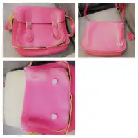 Town Shoes pink leather crossbody, lime green interior, measures