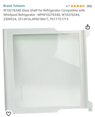 W10276348 Glass Shelf for Refrigerator Compatible with Whirlpool, View more