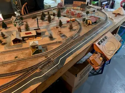 HO model railroad layout and rolling stock, View more
