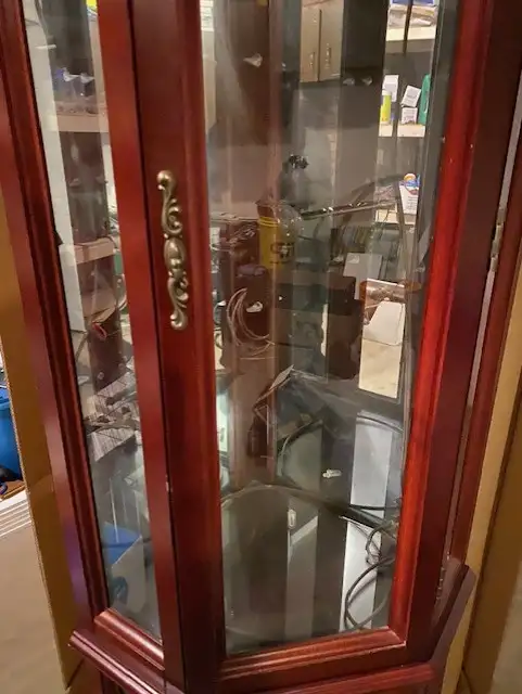 Corner China curio cabinet cherry wood colour - one glass broken in Hutches & Display Cabinets in Edmonton - Image 5