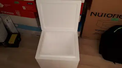 I have a Styrofoam cooler with lid and 9 ice packs. Lightweight, sturdy and reusable. Outside dimens...