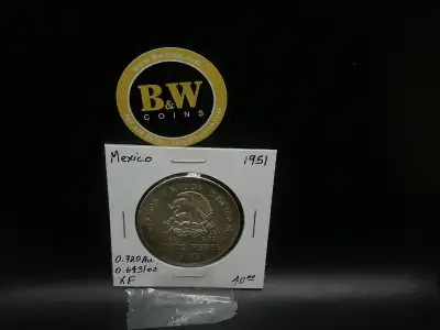 1951 Mexico Cinco Pesos 0.720 AU 0.6431oz XF Coin $40 The 1951 Mexico Cinco pesos 0.720Au 0.6431oz X...