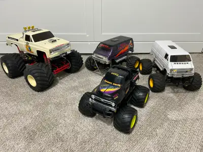 Tamiya RC monster trucks package deal 1 original 80’s Tamiya clodbuster (Chevy badged and power swit...