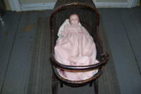 1800s PLASTER DOLL WITH PERIOD WICKER DOLL CARRIAGE