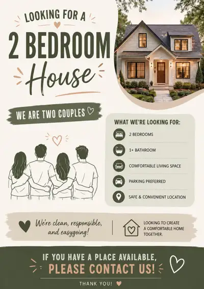 Looking for a 2 Bedroom House / Basement Suite for Rent Hi there! We are two working couples looking...