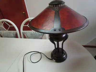 Mission style 18" lamp , tiffany style mica 15" diam.  shade, View more