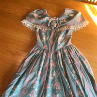 Girls Vintage 90s Floral Teal & Dusty Rose Cottage Prairie Dress