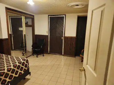 Private room in walkout basement. Kitchen, washroom and living room shared with other males, so idea...
