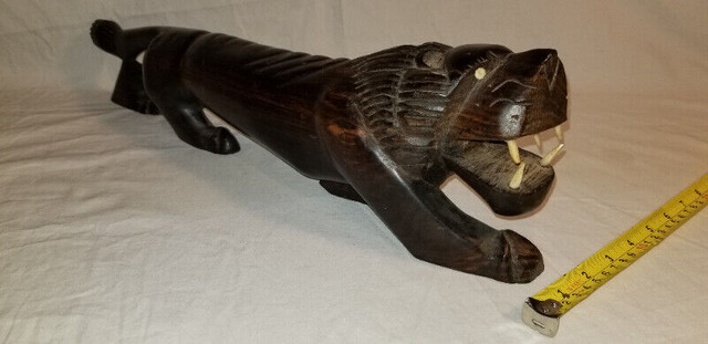 Hand carved ebony wood lion art figurine w bone teeth c1950s in Arts & Collectibles in Ottawa - Image 3
