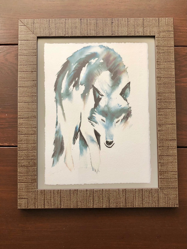 Art Print Framed Wolf Watercolour Vintage Painting Picture in Arts & Collectibles in Calgary