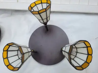 Tiffany 3-Light Stained Art Glass Ceiling Lamp. Three stained glass Tiffany Bell style shades. Semi-...