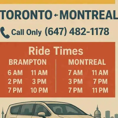 Montreal to Brampton Daily Rideshare, View more