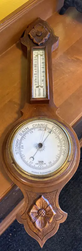 Antique Victorian Ornate Hand Carved Wood Aneroid Wall Banjo Barometer & Thermometer. This is a Torw...