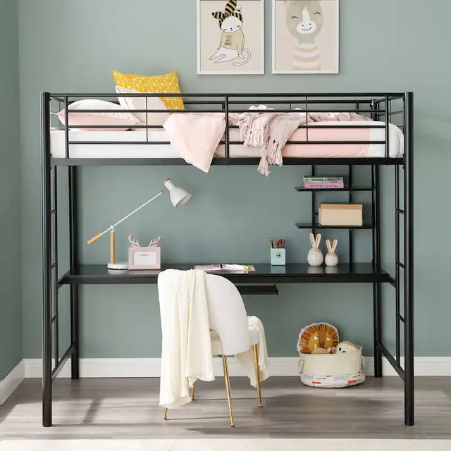 Walker Edison Metal Pipe Twin over Desk Bunk Bed, Black in Beds & Mattresses in City of Toronto - Image 3