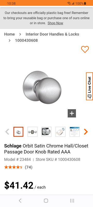 Schlage Orbit Satin Chrome hall/closet door knob. New in box. in Windows, Doors & Trim in City of Halifax
