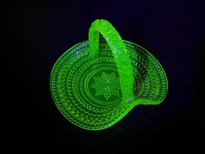 Antique, vintage vaseline (uranium) glass basket, View more