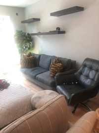 Down couch, leather chair, stool 