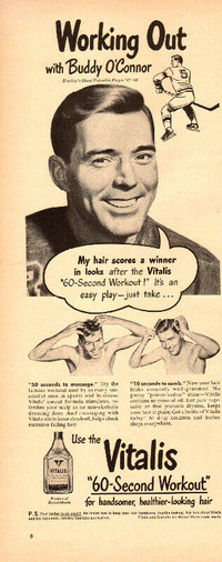 1949 magazine ad for Vitalis with NHL MVP Buddy O’Connor