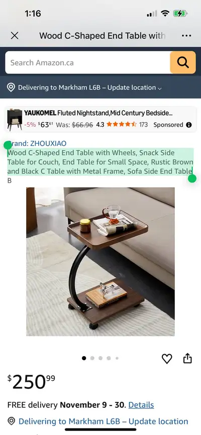 Wood C-Shaped End Table with Wheels, Snack Side Table for Couch,, View more