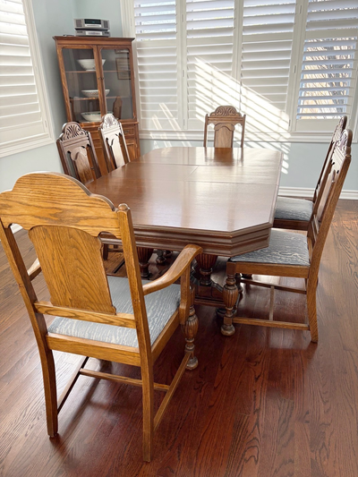 Lovely Vintage Solid Rectangle Dining Room Table, 6 Chairs, Leaf, View more
