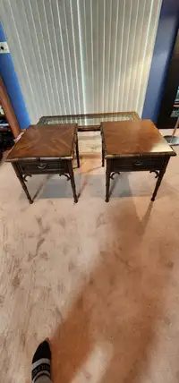 Set of 3 Brass and Wood Bamboo Design Tables