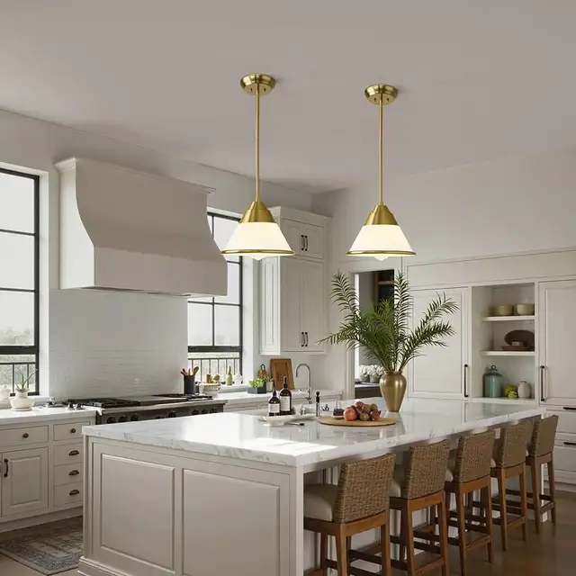 9.4” Cone Milk Glass Pendant Light Fixture, Gold in Indoor Lighting & Fans in Markham / York Region - Image 9