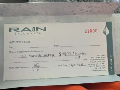 I have a gift certificate for the Swedish Package for Rain Salon & Spa. Worth $189 asking $120. Thes...
