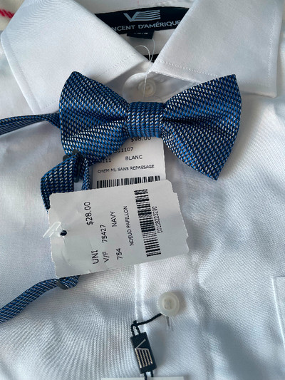 White shirt size 16,5 , new price 45$,handkerchief 5$,ties 10$