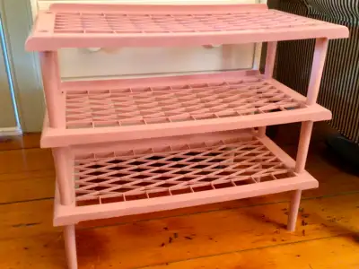 Retro Plastic Shoe Rack, Storage Shelf, 3 Stackable Tiers, Pink Excellent Condition Located downtown...