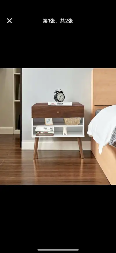 2pcs new Mid-Century Nightstand with Drawer and Rubber Wood Legs, View more