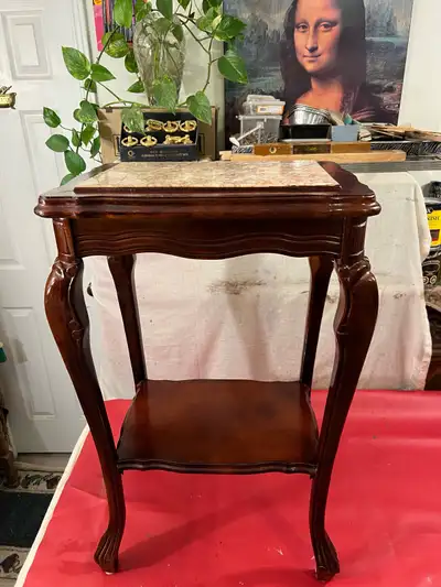 End Table- 2 Tier, Rose Marble Top, Solid Wood, Mahogany Stained- $95 FIRM PLEASE, check the measure...