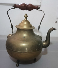 Vintage Large Brass Footed Teapot Kettle with Wooden Handle