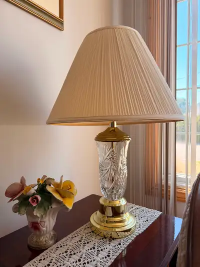 2 Vintage Crystal and Brass Table Lamps, View more
