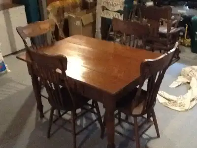 Antique Harvest Table And Four PressBack Chairs, View more
