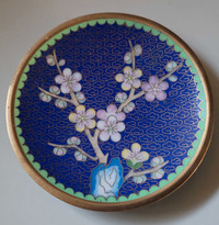 Vintage Chinese Cloisonné Cobalt Blue Plate with Cherry Blossoms